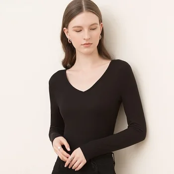 Donsignet Sonbahar Yeni Moda Üst Kadınlar için V Boyun İnce İnce Dip Esneklik Uzun Kollu T Gömlek Kadınlar için