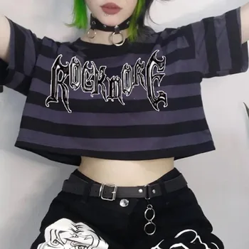 Dourbesty Punk Gotik Tarzı Mektup Çizgili baskı t-shirt y2k Estetik Hip Hop Kaya Anime Harajuku Tee Vintage Kırpma Üstleri Kadın