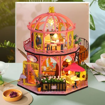 Dıy Ahşap bebek evi Kiti Minyatür mobilya ışık Casa Çiçek Kahve dükkanı Dollhouse Oyuncak Roombox Yetişkin noel hediyesi