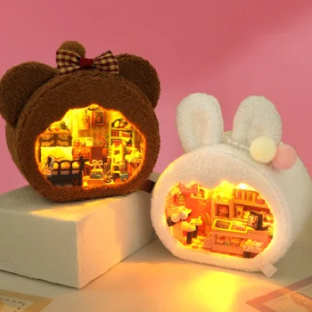 Dıy Ahşap minyatür Yapı Kiti Bebek Evleri mobilya ışık Ayı Tavşan Casa Dollhouse El yapımı Oyuncaklar Kızlar İçin Noel hediyeleri