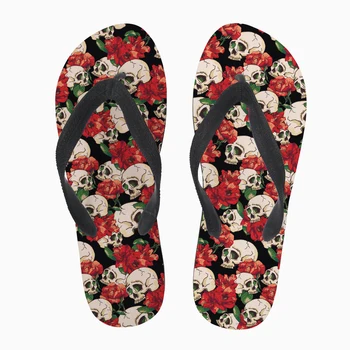 ELVISWORDS Moda kadın Yaz plaj terlikleri Yenilik Kafatası Çiçek Baskılı Kauçuk Flip Flop Kadın Kadın Sandalet Ayakkabı