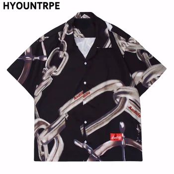 Erkek havai gömleği Hip Hop Harajuku Zincir Baskı Streetwear Düğme Plaj Gömlek Yaz Unisex Kısa Kollu Casual Gömlek Tops