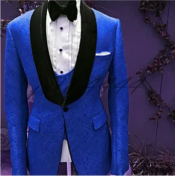 Erkek Takım Elbise Kraliyet Mavi ve Siyah Damat Smokin Şal Kadife Yaka Groomsmen Düğün En Iyi Adam ( Ceket+Pantolon+Kravat+Yelek ) c673