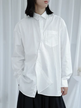 Erkek Uzun Kollu Gömlek Düzensiz Açık Ön Tasarım Moda Rahat Gevşek Japon Düz Renk Büyük Boy Gömlek