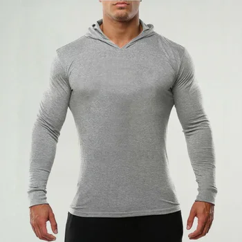 Erkek Vücut Geliştirme Uzun Kollu T gömlek Kapşonlu Erkek Spor Pamuk Slim Fit Spor T-Shirt Erkek Egzersiz Jogger Spor Giyim