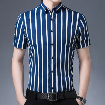 Erkek yaz moda rahat ince mavi çizgili ince streç kısa kollu yaka gömlek Anti-kırışıklık üst