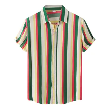 Erkek Yaz Rahat Çizgili Baskı Gömlek Kısa Kollu Hırka Bluzlar Iş Sokak Giyim Bluz Tops İlkbahar Sonbahar Plaj