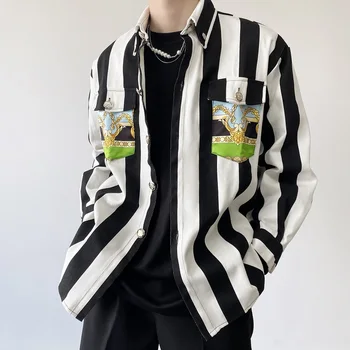 Erkekler Gevşek Casual Splice Cep Kalın Gömlek Ceket Erkek Kore Streetwear Moda Vintage Şerit Trend Uzun Kollu Gömlek Ceket