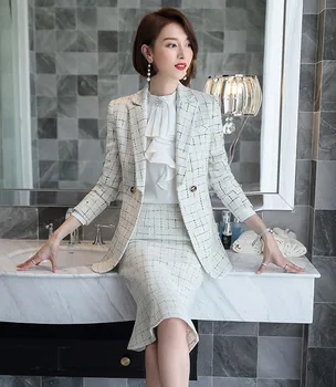 Etek Takım Elbise Kadın Zarif Ekose Blazer Ceket Ceket Ofis Bayanlar Iş Resmi Iş Elbisesi Iki Parçalı Set Kış Giysileri Artı Boyutu