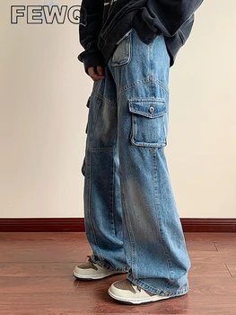 FEWQ Vintage Yüksek Sokak Kot Pantolon erkek Gevşek Düz Renk Düz Geniş Bacak Çok Cepler Kot 2023 Yeni Şık 24A1141