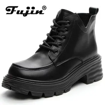 Fujin 7 cm Yeni Inek Hakiki Deri Platformu Kama Sneakers Gizli Topuk Kadın Ayak Bileği Patik Motosiklet Kış Çizmeler bağcıklı ayakkabı