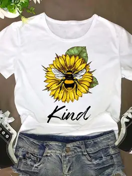 Grafik T Shirt Arı Çiçek Mektup Çiçek Sevimli Kadın Kısa Kollu Yaz Tee moda Giyim Giysi Karikatür T-shirt Kadın Üst