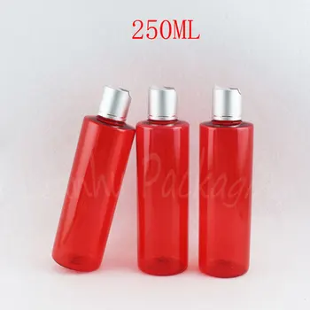Gümüş Disk Üst Kapaklı 250ML Kırmızı Plastik Şişe, 250CC Boş Kozmetik Konteyner, Şampuan / Losyon Ambalaj Şişesi