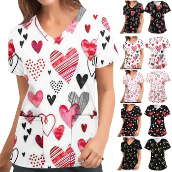 Gün Kalp Gömlek Kadın Kollu V Üstleri Çalışma Baskı Cepler İle sevgililer Kısa Boyun Kadın T Shirt Çalışma Gömlek Uzun Kollu