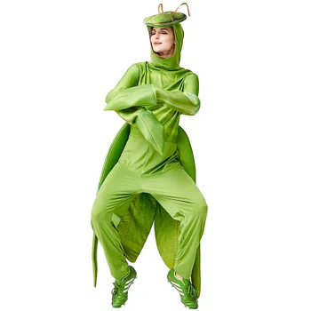 Hayvan Giyim Cadılar Bayramı Kostümleri Fantasia Purim Unisex Kostüm Yeşil Mantis Baskı Erkekler Kadınlar Dua Böcek Performans Takım Elbise
