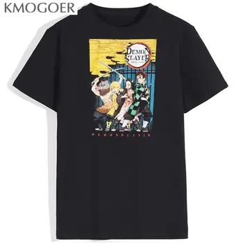 Iblis avcısı Karikatür Anime grafikli tişört Üst erkek ve kadın Gevşek Artı Boyutu Streetwear Siyah pamuklu tişört Giyim