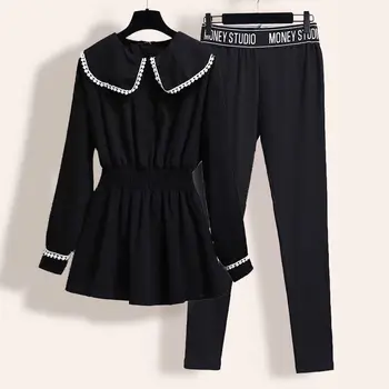 Iki parçalı Takım Elbise Yeni Stil 2021 Bahar Kore Tarzı İki parçalı Takım Elbise Artı Boyutu kadın Moda İnce Gevşek Siyah pantolon Takım Elbise Kadın