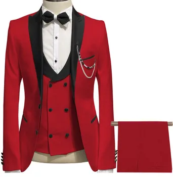 JELTONEWİN Son Pantolon Ceket Tasarımları Kırmızı Terno Slim Fit Balo Erkek Takım Elbise Damat Takım Elbise Düğün Smokin Kostüm Ceket + Yelek + Pantolon