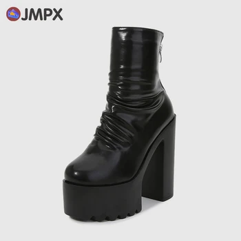 JMPX Marka Kadın Yüksek topuklu Çizmeler Platformu yarım çizmeler Moda Kadın Seksi Kalın Topuklu Punk Tarzı Bayan Ayakkabıları Siyah Mikrofiber