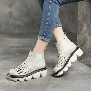 Jıshu Yeni İlk Katman İnek Derisi Platformu Hollow-out Sandal Boots El-Ovmak Renk Hakiki Deri Dalga Alt İnek Kafa Chelsea Çizmeler