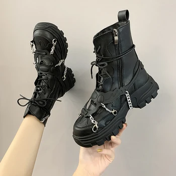 Kadın Ayakkabı Platformu Çizmeler Punk Gotik Kadın Botları Savaş Bayanlar Siyah Metal Düğme Kadın Motosiklet yarım çizmeler Sonbahar Yeni