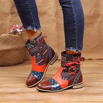 Kadın Botları Ayak Bileği Etnik Tarzı El Yapımı Deri Patik 2022 Yeni Baskı Ekleme Moda Kare Topuk Çizmeler Boyutu 43 Kadın Ayakkabı
