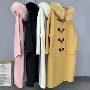 Kadın El Yapımı orijinal fox kürk yün Palto Yeni 2023 kadın Kış sıcak Gerçek Yün Kapşonlu Büyük Boy kaşmir paltolar