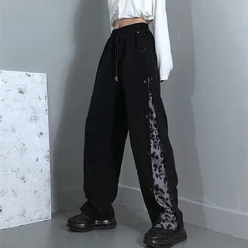 Kadın Harajuku Streetwear Siyah Joggers spor pantolon Kadın Büyük Boy Gotik Patchwork Baggy Geniş Bacak Pantolon Kore Moda