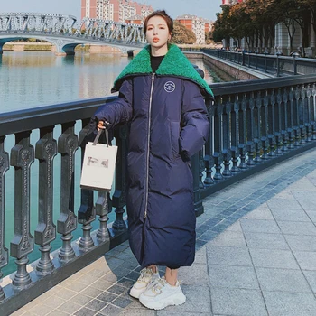 Kadın Kış Ceket Kore Gevşek Kuzu Yün Ceket Kadın Dikiş Uzun Kişilik Yaka Moda Yorgan Rahat Kalınlaşmak Pamuk