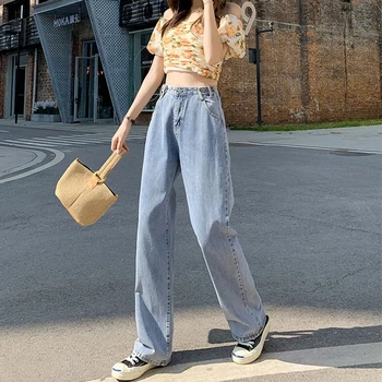 Kadın Siyah Kot İlkbahar Yaz Vintage Yüksek Bel Geniş Bacak Denim Uzun Pantolon Moda Harajuku Düz Pantolon Streetwear