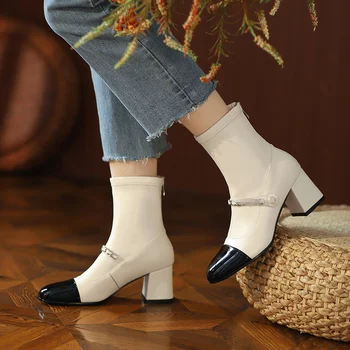 Kadın Sonbahar ayakkabı Deri kısa çizmeler Lüks Marka Kare Topuk Sivri Burun Pompaları Bayanlar Güzel Moda Geri Fermuar yarım çizmeler