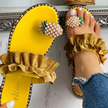 Kadın Terlik Yaz Bohem Tarzı Simülasyon İnciler Ananas Artı Boyutu Sandalet Leopar Baskı Ayakkabı Zapatos Mujer Cómodos