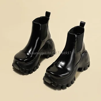 Kadın Yuvarlak Ayak Tasarım Yuvarlak Ayak Çizmeler Tarzı Yeni Sonbahar Platformu Deri Kalın yarım çizmeler Bayan Şık Yüksek Topuk Ayak Bileği Ayakkabı