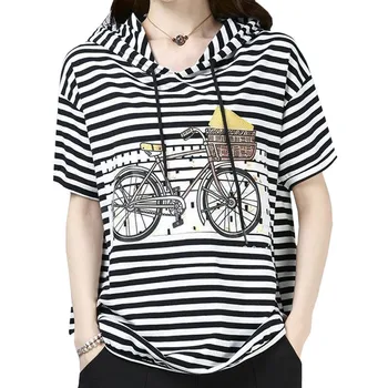 Kapşonlu Yaz Moda Şerit Kadın T Shirt Vintage Bisiklet Harajuku Baskı Kısa Kollu Tees Yeni Rahat 2022 Gevşek Kadın Üstleri