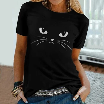 Kedi Baskı Yaz Kadın T Shirt Kısa Kollu O-boyun Casual Tops Tee Moda Bayanlar Streetwear Boyutu Gevşek Kazak Tee Gömlek 2022