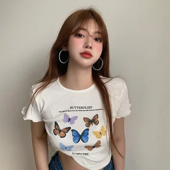 Kelebek Baskı T Shirt Kadın Moda Kırpma Üstleri Rahat Kısa Kollu O Boyun Kore Harajuku kadın T-shirt