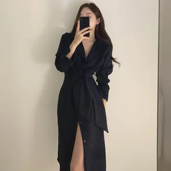 Kore Versiyonu Fransız Tarzı Hafif Pişmiş Tarzı Yaka uzun elbise Tek göğüslü Strappy Bel ve İnce Orta uzunlukta Elbise