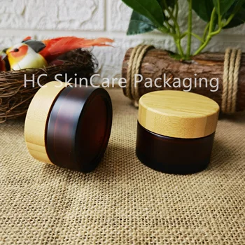 Kozmetik Göz Kremi Vücut Kremi Cam Kaplar Ambalaj için Bambu Kapaklı Toptan Cilt Bakımı Kehribar Yüz Kremi Kavanoz