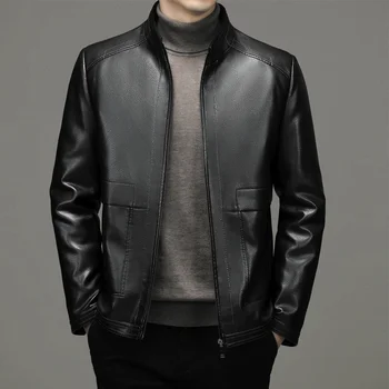 Kış Kalınlaşmış Deri Aşağı Ceket erkek İş Rahat PU Deri Ceket Siyah Sıcak Standı Yaka Fermuar Dış Giyim Tops