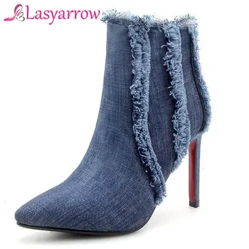 Lasyarrow 2018 Moda Denim yarım çizmeler Mavi bayan Püskül Sivri Burun Stilettos Yüksek Topuklu Sonbahar Kış Saçak Ayakkabı Kadın