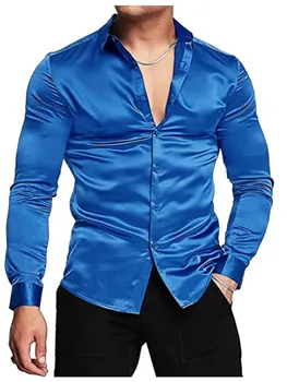 Mavi Gerçek Ipek Kabuk Kumaş Gömlek Erkekler Marka Yeni uzun kollu erkek gömlek Elbise Olmayan Demir Bakımı Kolay Iş Chemise Homme 3XL