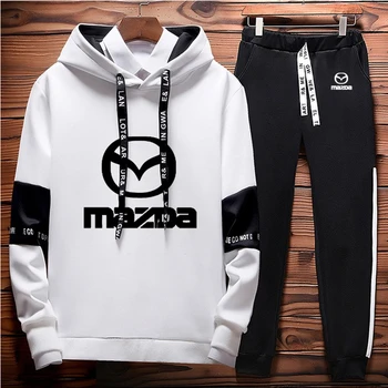 Mazda araba logosu Baskı Bahar Sonbahar Moda Rahat Colorblock Kazak Pamuk Yüksek Kaliteli Erkek Kapüşonlu pantolon 2 parça set U
