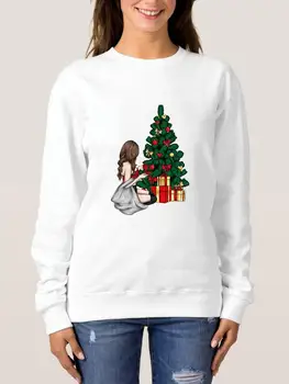 Merry Christmas Grafik Tişörtü Mutlu Yeni Yıl Kazaklar Hediye Ağacı Tatlı Aşk 90s Kadın Baskı O-Boyun Moda Giyim