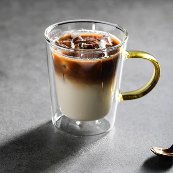 Mintylife çift Duvar termo borosilikat cam bardak el yapımı Kahve kupa lekeli kolu çay fincanı ısıya dayanıklı 310 ML