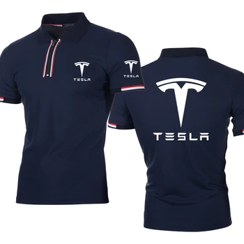 Moda erkek Çizgili fermuar POLO GÖMLEK Tesla araba logosu Yaz baskı Rahat Saf pamuk yüksek kaliteli erkek kısa kollu H