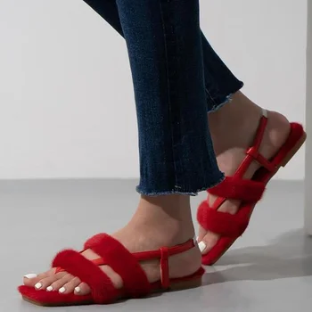 Moda Kış kadın Sandalet Sıcak Faux Kürk Bayanlar Flip Flop Düz dipli Düz Renk Dış Giyim Kürklü Terlik Ayakkabı Kadın