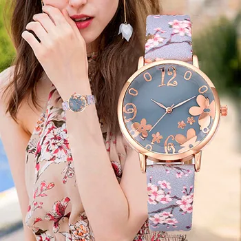 Moda Rahat deri kemer Saatler basit quartz saat Kadın Elbise Çiçek kol saati Bilezik Kızlar İçin Feminino Reloj Mujer