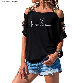 Moda Yeni Kuaför Baskı Kadın T shirt Hollow Out Omuz Kısa Kollu Yaz GÖmlek Tops Komik T Shirt kadın giyim