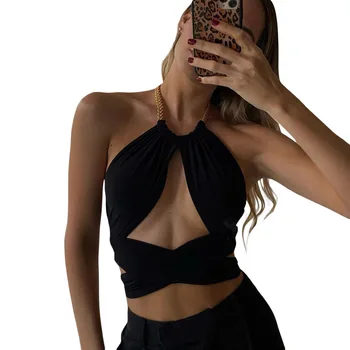 Moda Zincir Strappy Çapraz Ön Cut Out Camiş Halter Boyun Kırpma Üstleri yaz giysileri Kadınlar için Şık Backless Kulübü Parti