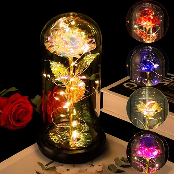 NewArtificial Ebedi Gül led ışık Güzellik Canavar Cam altın folyo Çiçek sevgililer günü Hediye peri ışıkları yatak odası dekoru